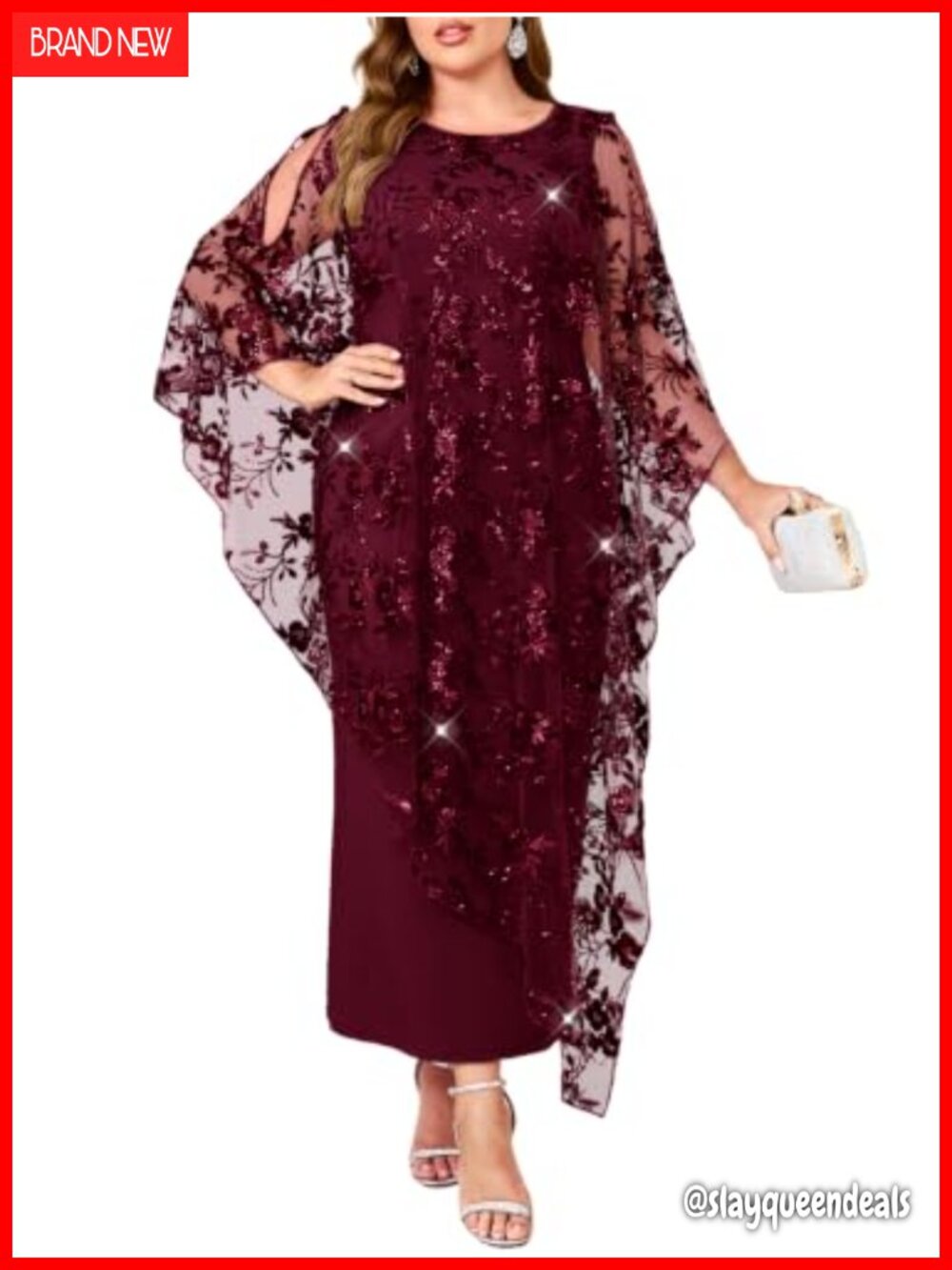 Plus Size Sequin Floral Maxi Dress with Cape Overlay Evening Gown